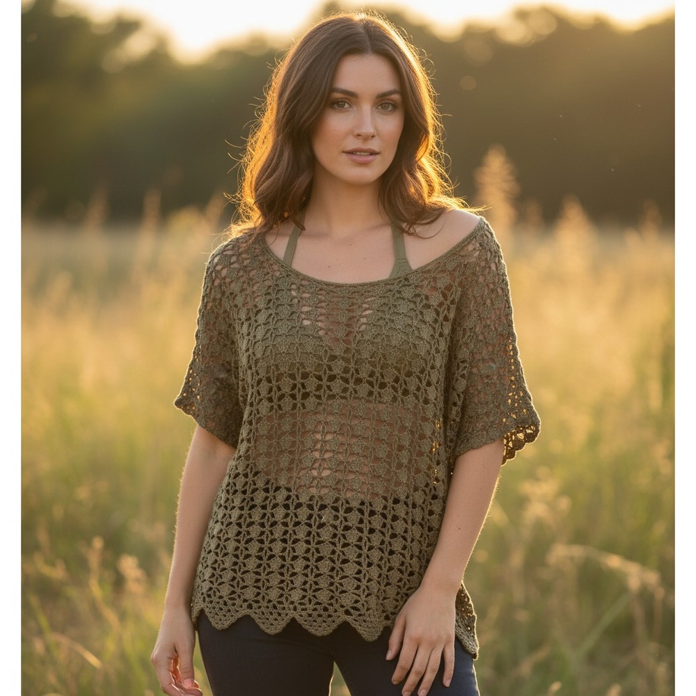 Umgee S M Green Brown Crochet Sweater Boho Retro Earthy Hippie 70s Cottage Artsy